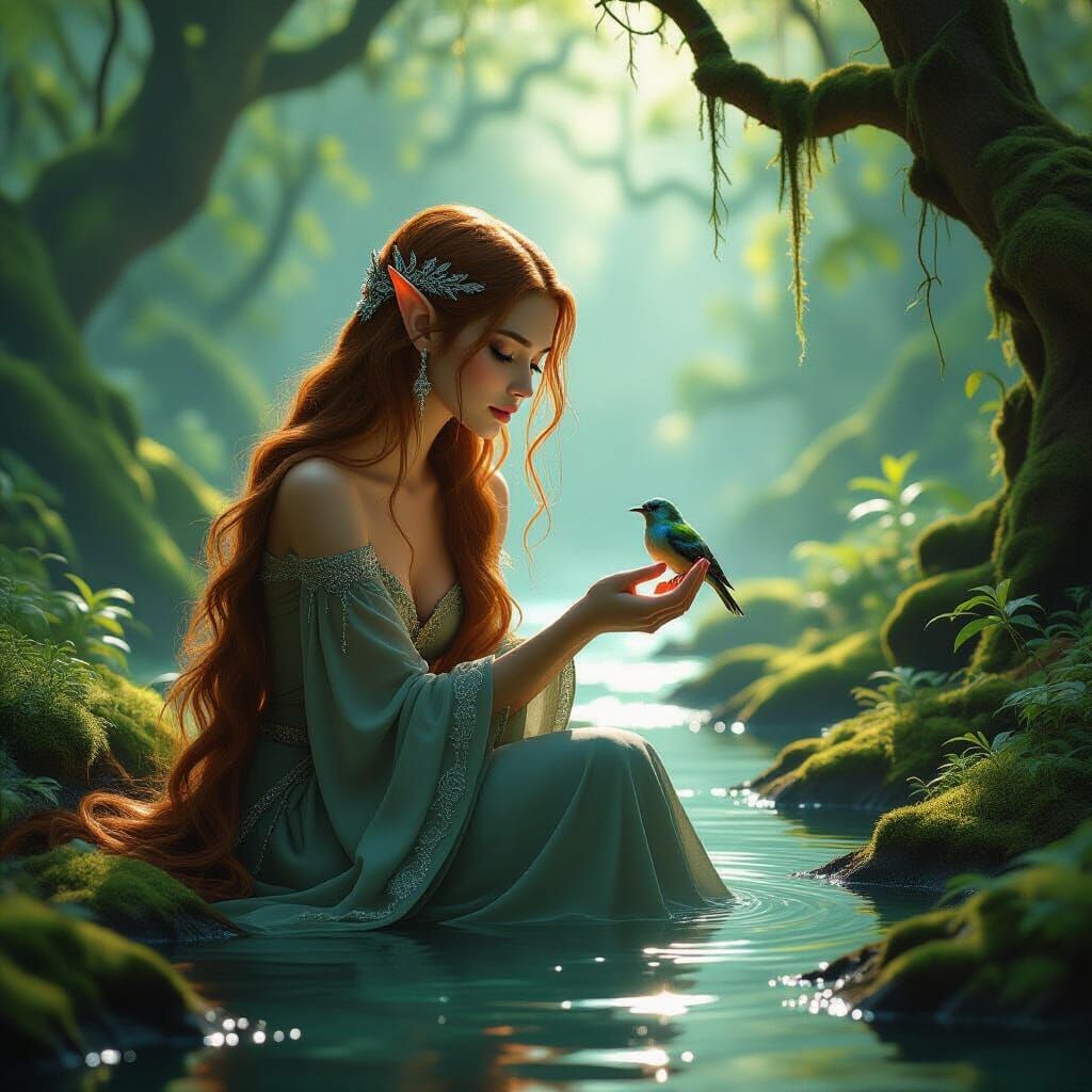 Elf Woman by Stream in Ancient Forest