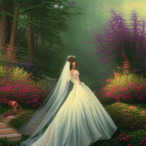 Woman in Green Dress, Wedding Sketch in Ethereal Style