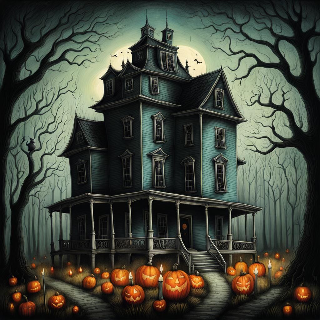 Surreal Haunted House Painting in Dreamlike Style