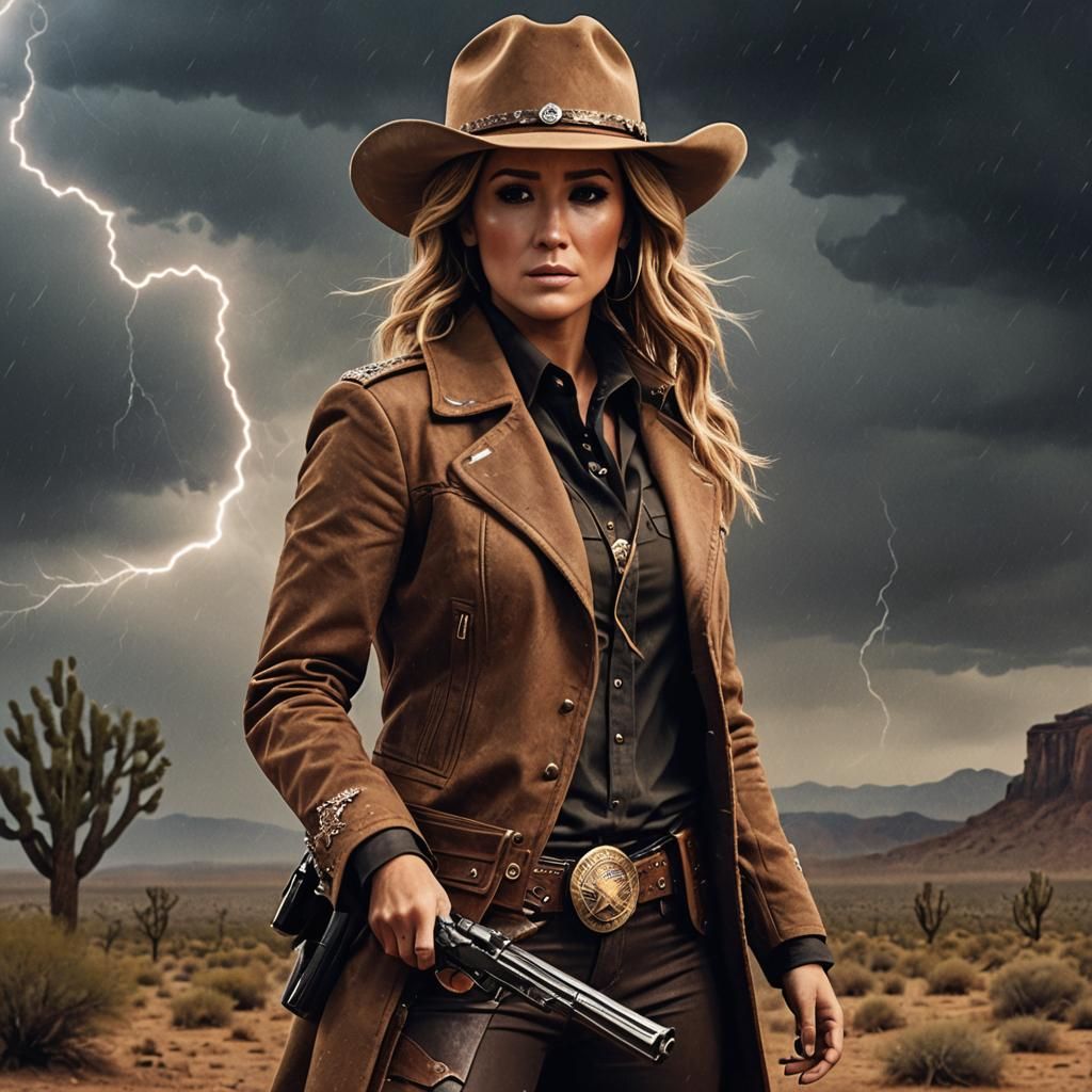 Cowgirl Sheriff in Desert Rain: Cinematic Action