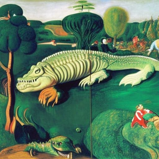 Lost Crocodile Cries in Pine Forest: Grotesque Painting