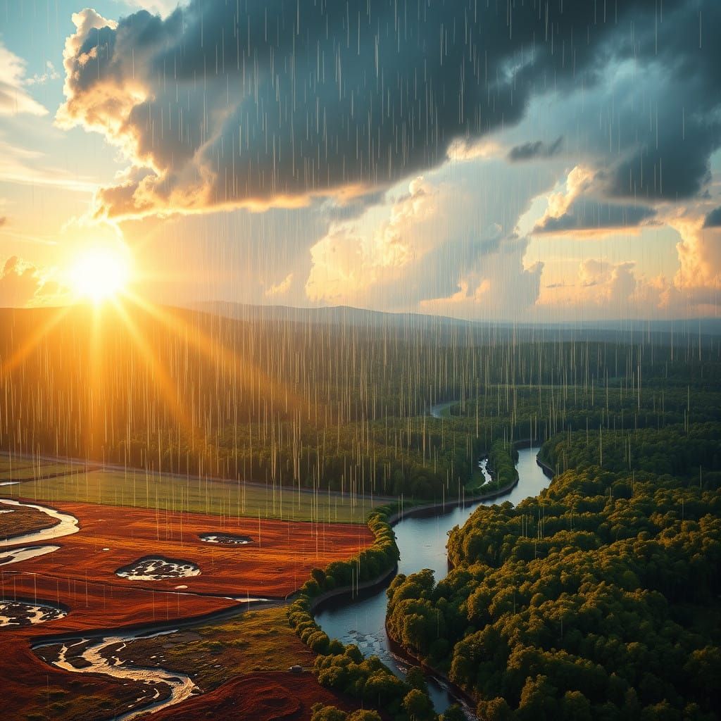 Vibrant Raindrops Dance Amidst a Scientific Sunset