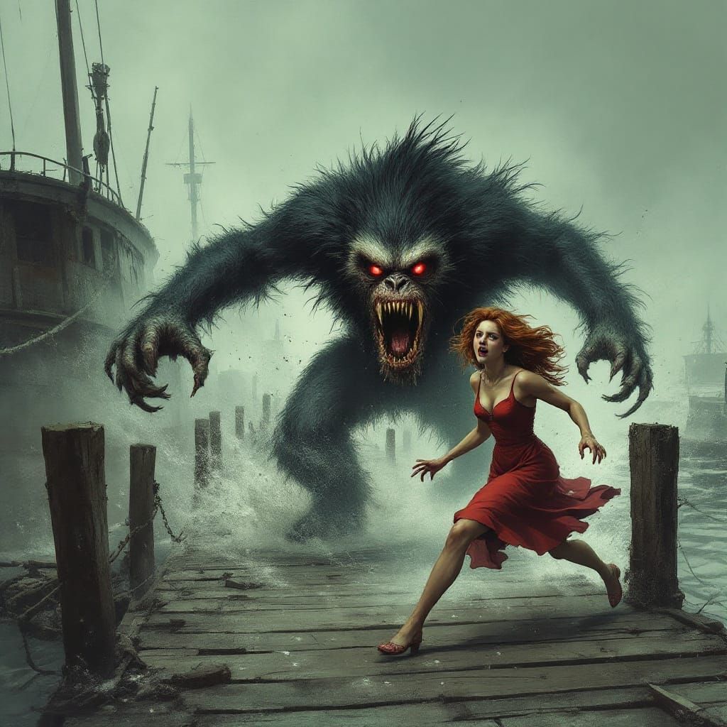 Demonic Skunk Ape Chases Woman on Foggy Wharf