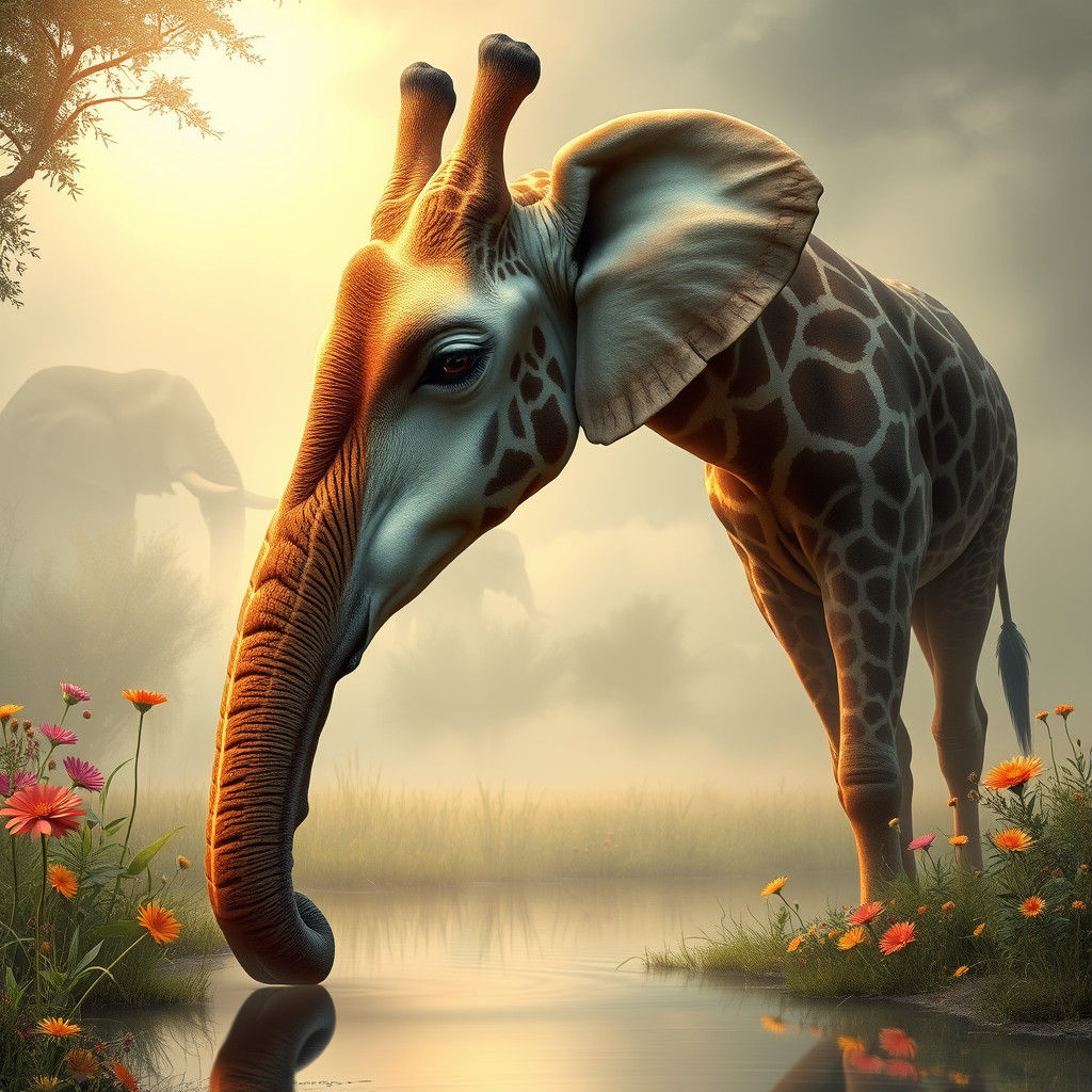 Giraffe-Elephant Hybrid in African Savannah Landscape
