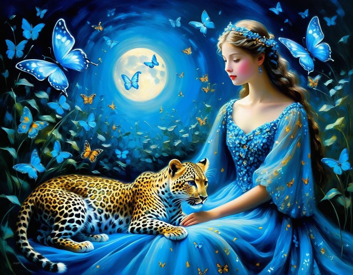 Leopard Cub and Fairy with Blue Butterflies