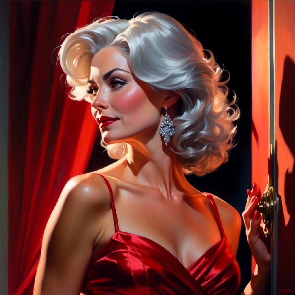 Stunning Woman in Red Gown, Comic Book Style