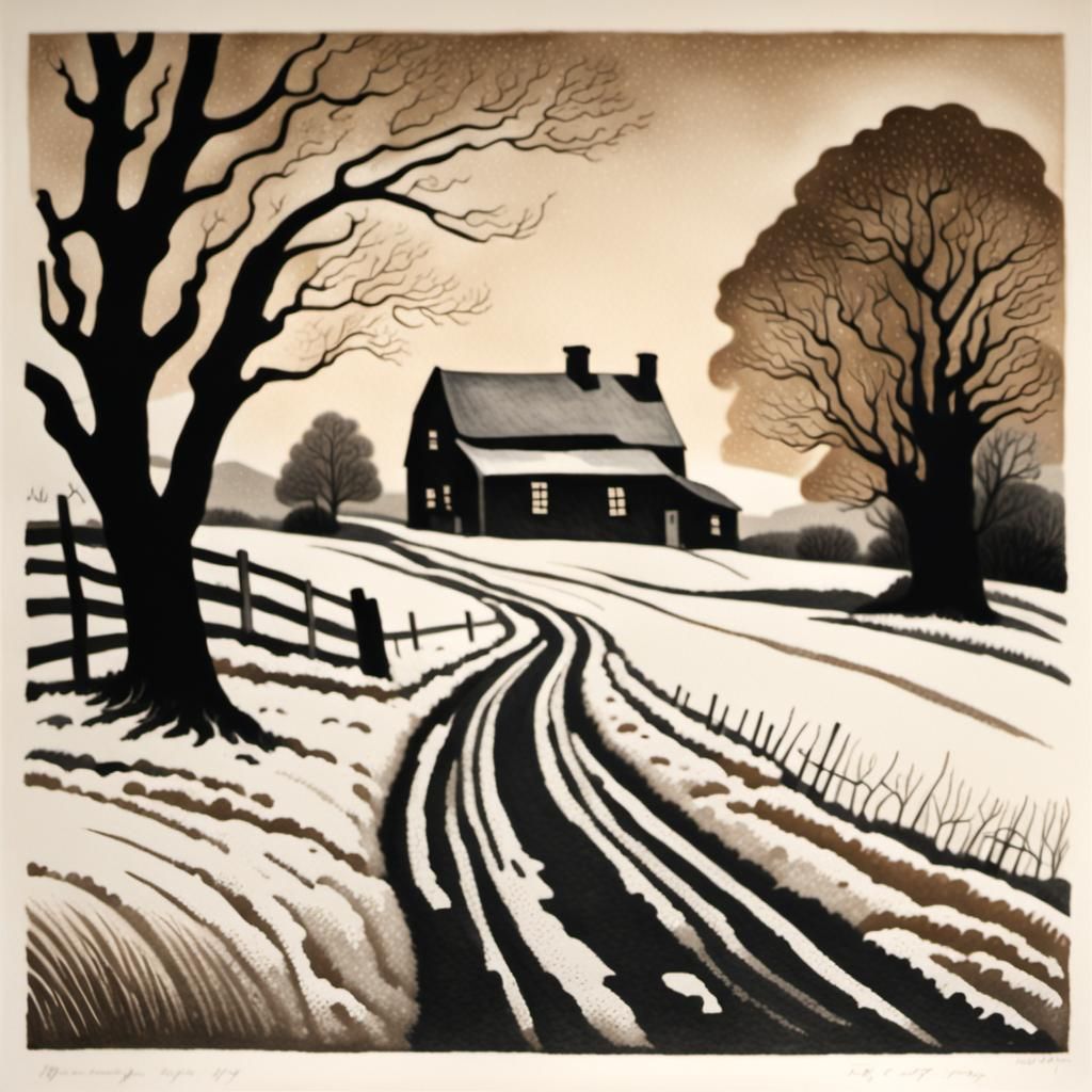 Winter Farmhouse: Etching and Aquatint Landscape