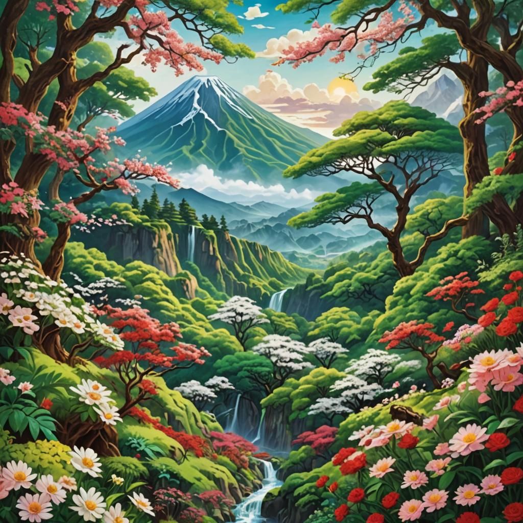 Volcano Eruption of Flowers in Surrealist Style