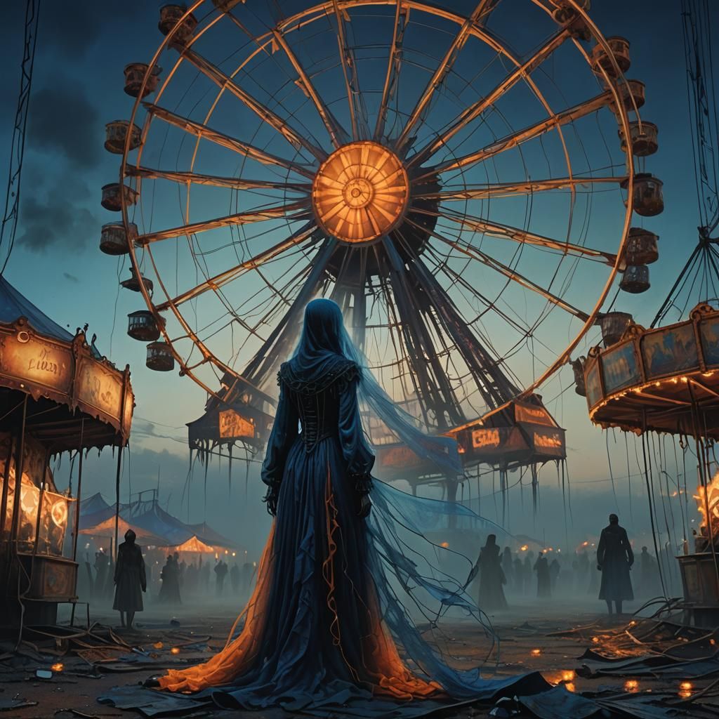 Ghostly Apparition in Abandoned Carnival: Dark Surrealism