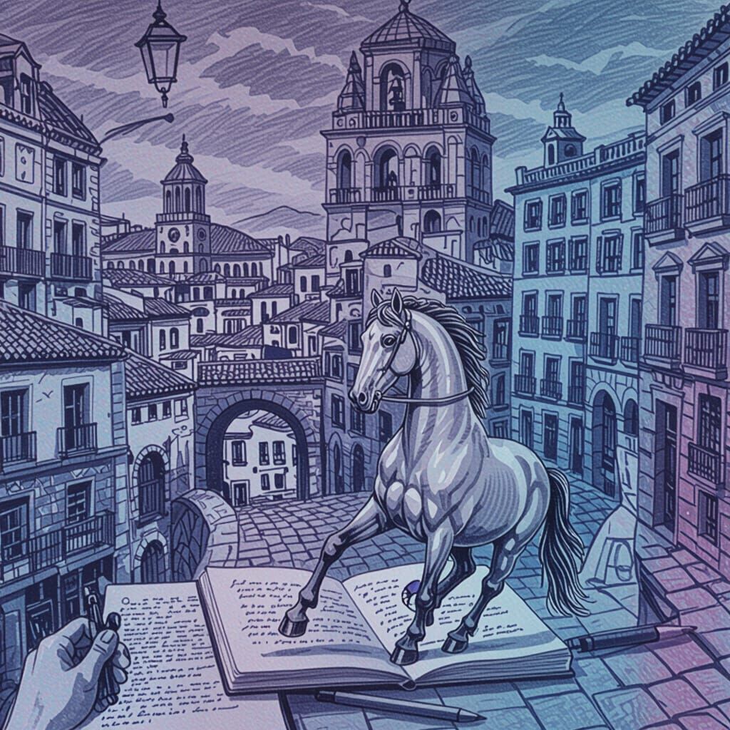 Charcoal Sketch of Horse Emerging from Historic City