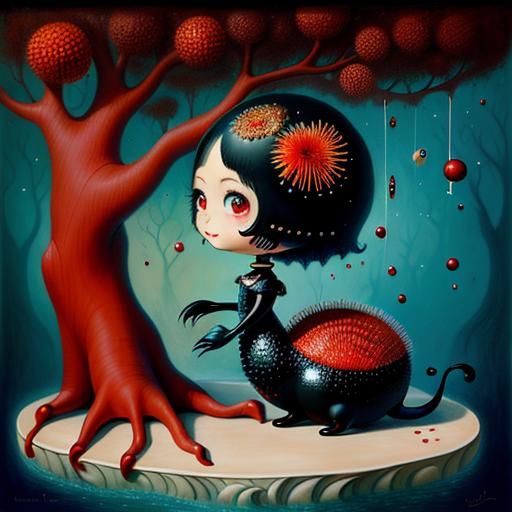 Surreal Tree with Chibi Eyes, Digital Art