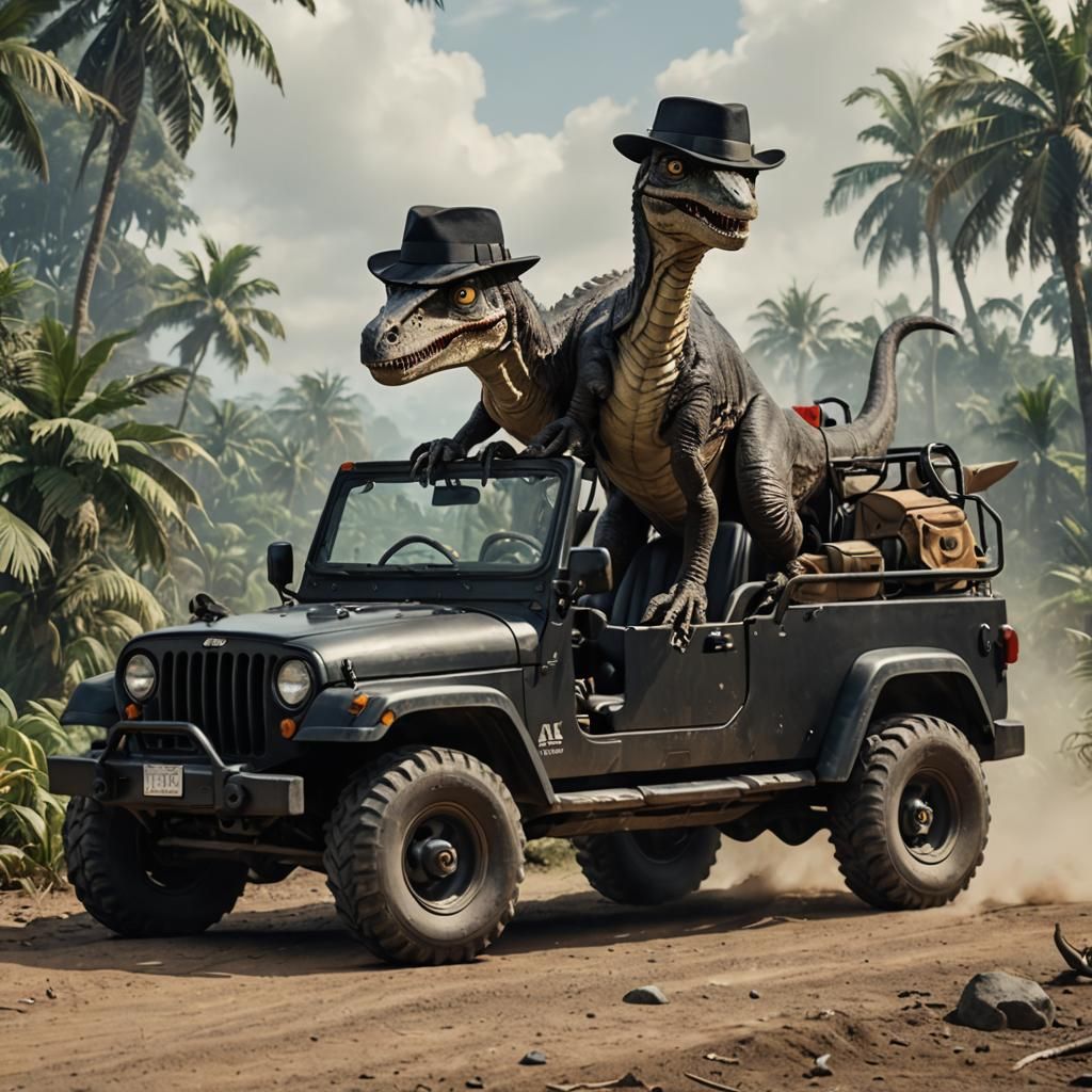 Velociraptor Drives Jeep in Bowler Hat