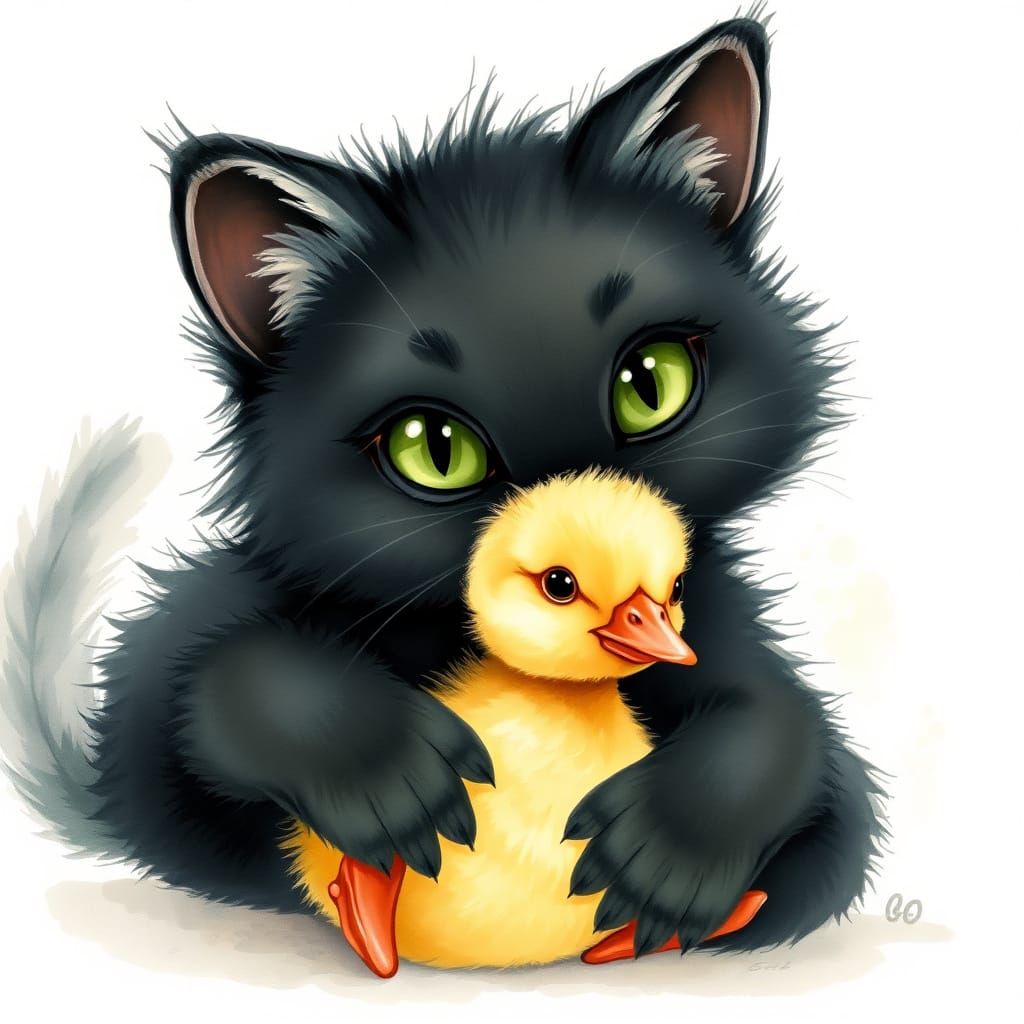 Whimsical Hug Between Baby Cat and Duckling in Watercolor St...