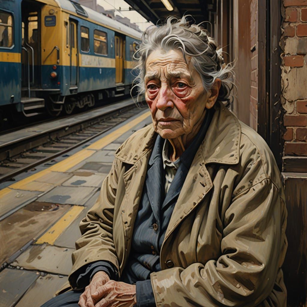 Elderly Woman in Metropolitan Train Station, in Gouache Styl...