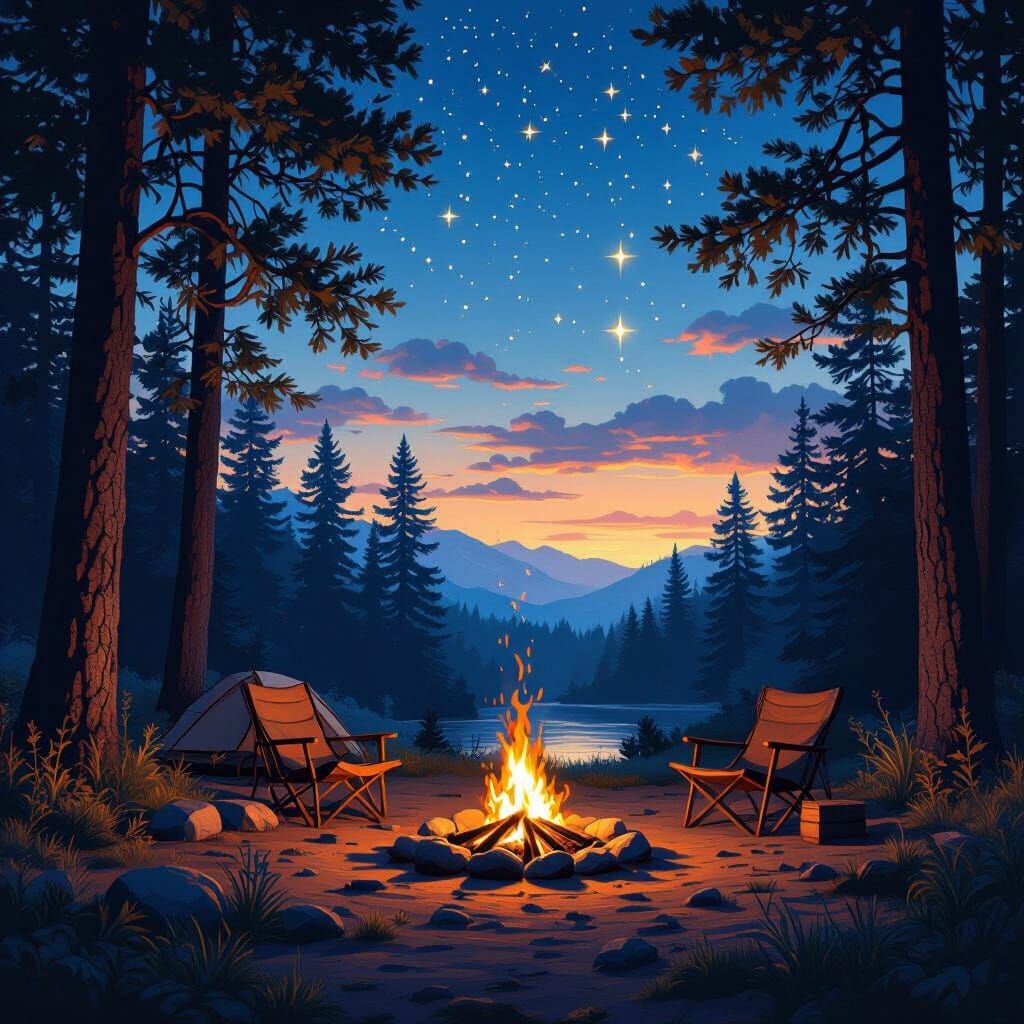 Cozy Campsite Under Evening Stars: Romantic Realism