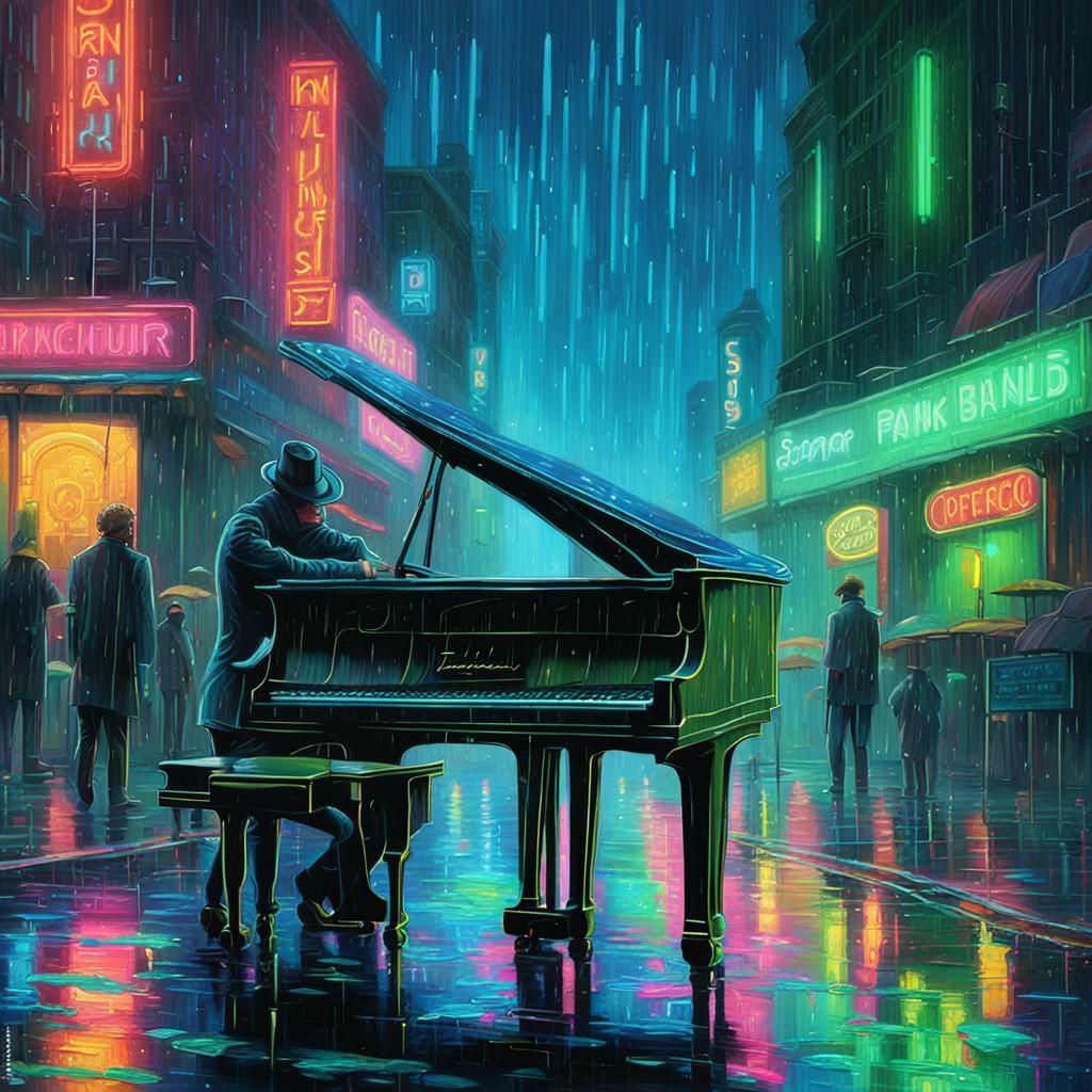 Cyberpunk Cityscape Piano Player in Impressionist Style