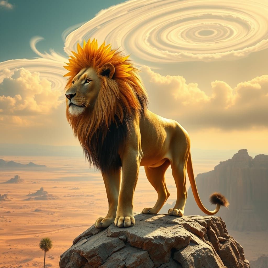 Majestic Lion with Sunflower Mane in Surreal Style