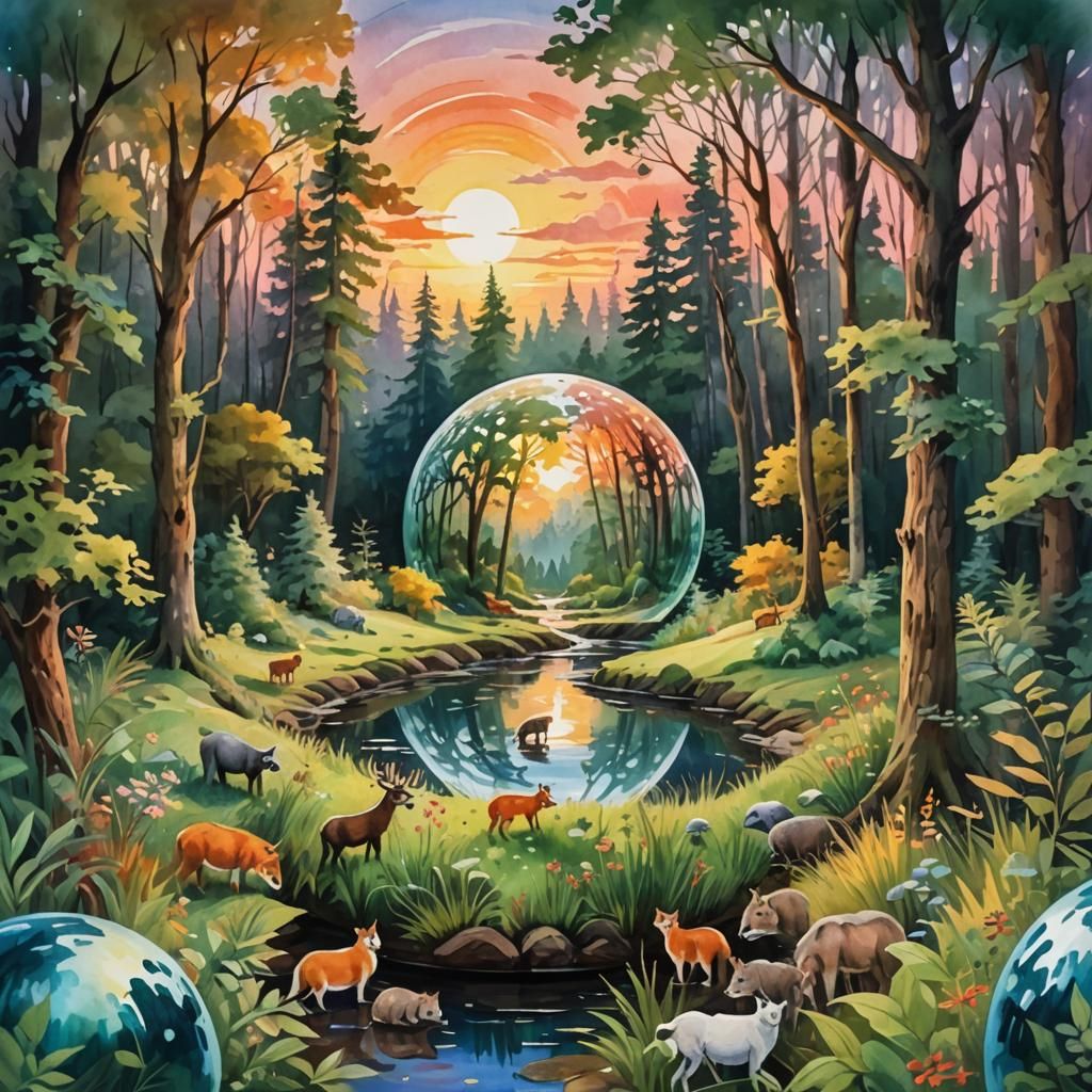 Forest Inside Sphere: Gouache Impressionist Masterpiece