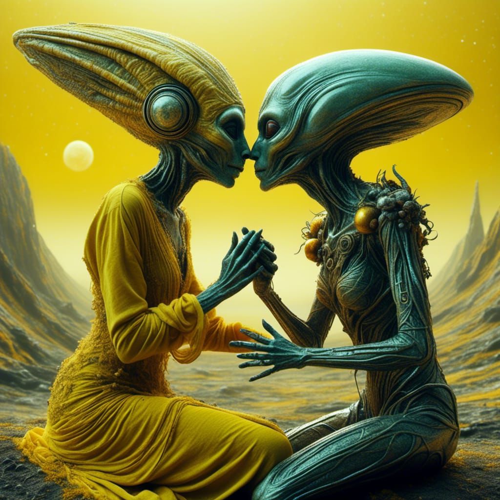 Aliens in Love on a Yellow Planet: Hyperrealistic Photograph...