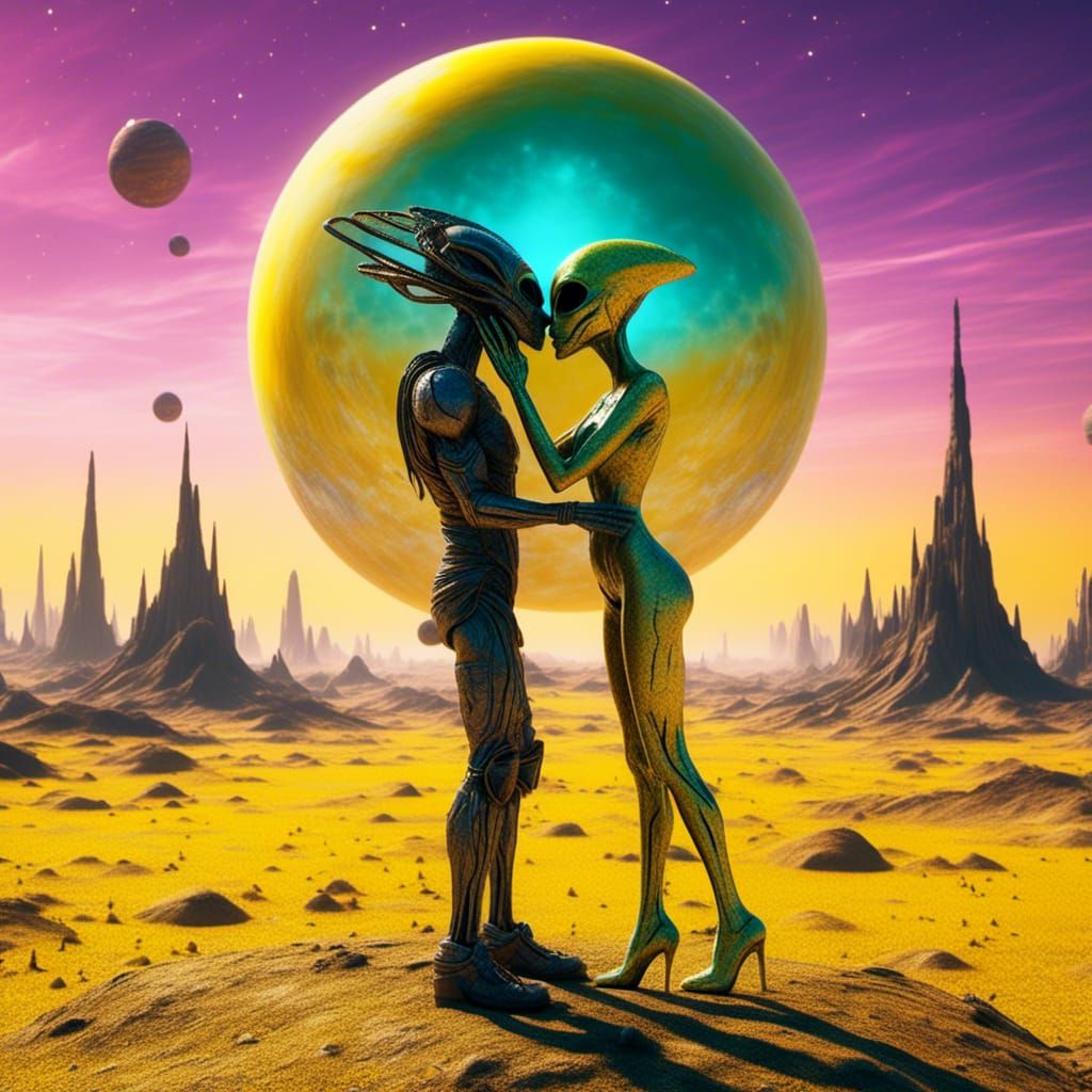 Aliens Kissing on a Yellow Planet