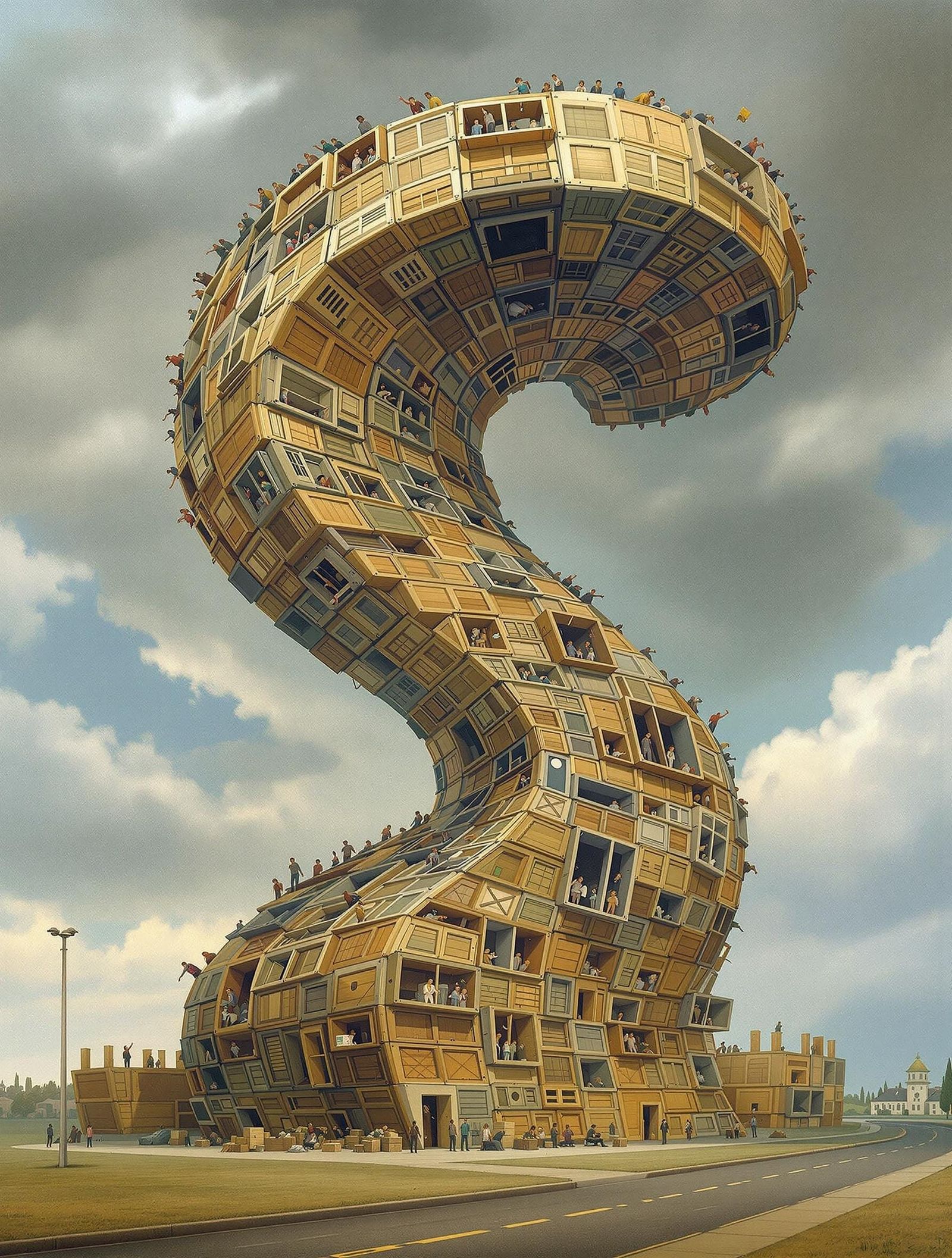 Bending Wooden Crate Spires in Surrealist Optical Illusion A...