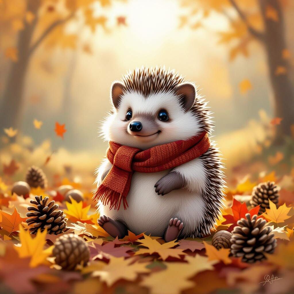 Cute Hedgehog in Autumn Leaves, Oil on Alcohol Ink Style
