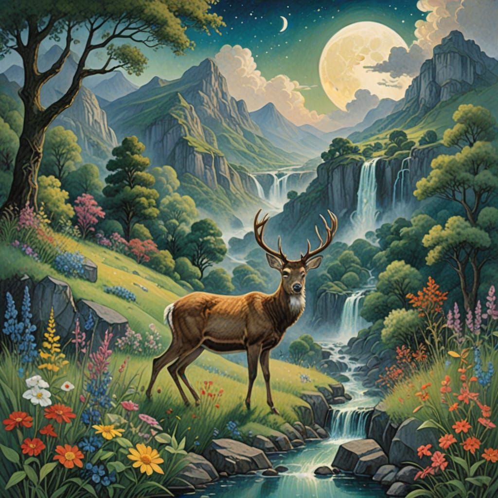 Dreamy Mountain Landscape under Twin Moons