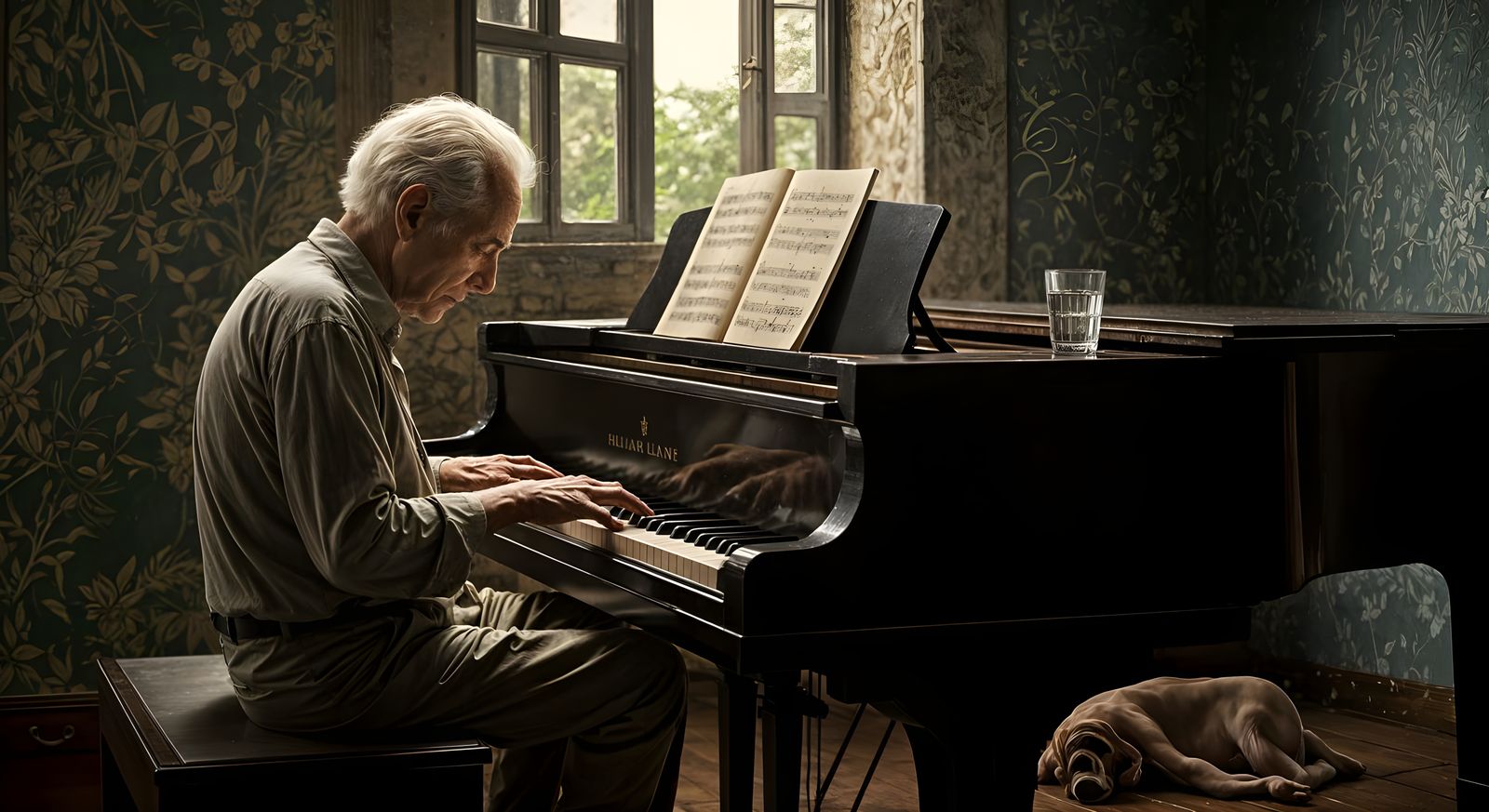 Elegant Old Man Plays Chopin on Weathered Stainway Grand Pia...