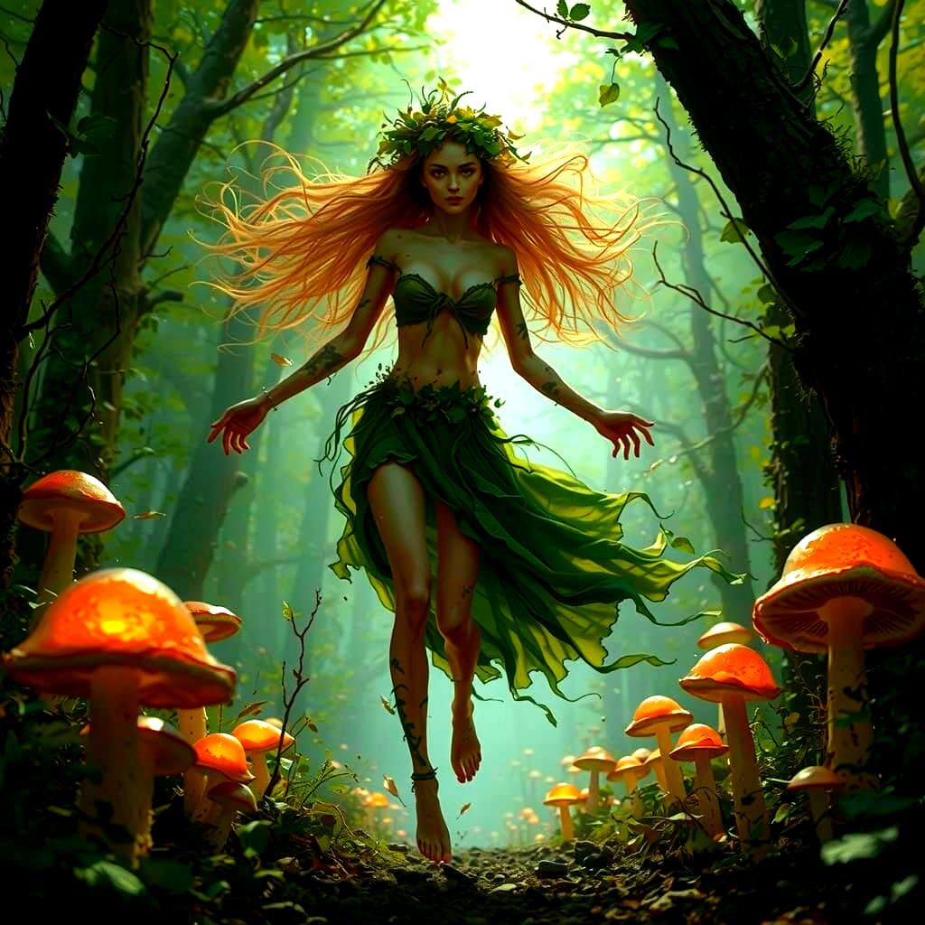 Enchanting Forest Spirit Dancing in Ancient Woods