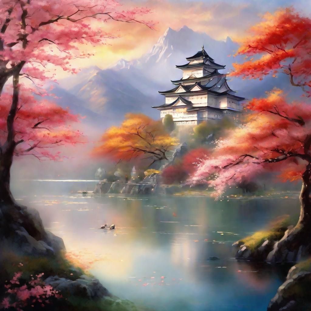 Ethereal Japanese Castle in Autumn Landscape