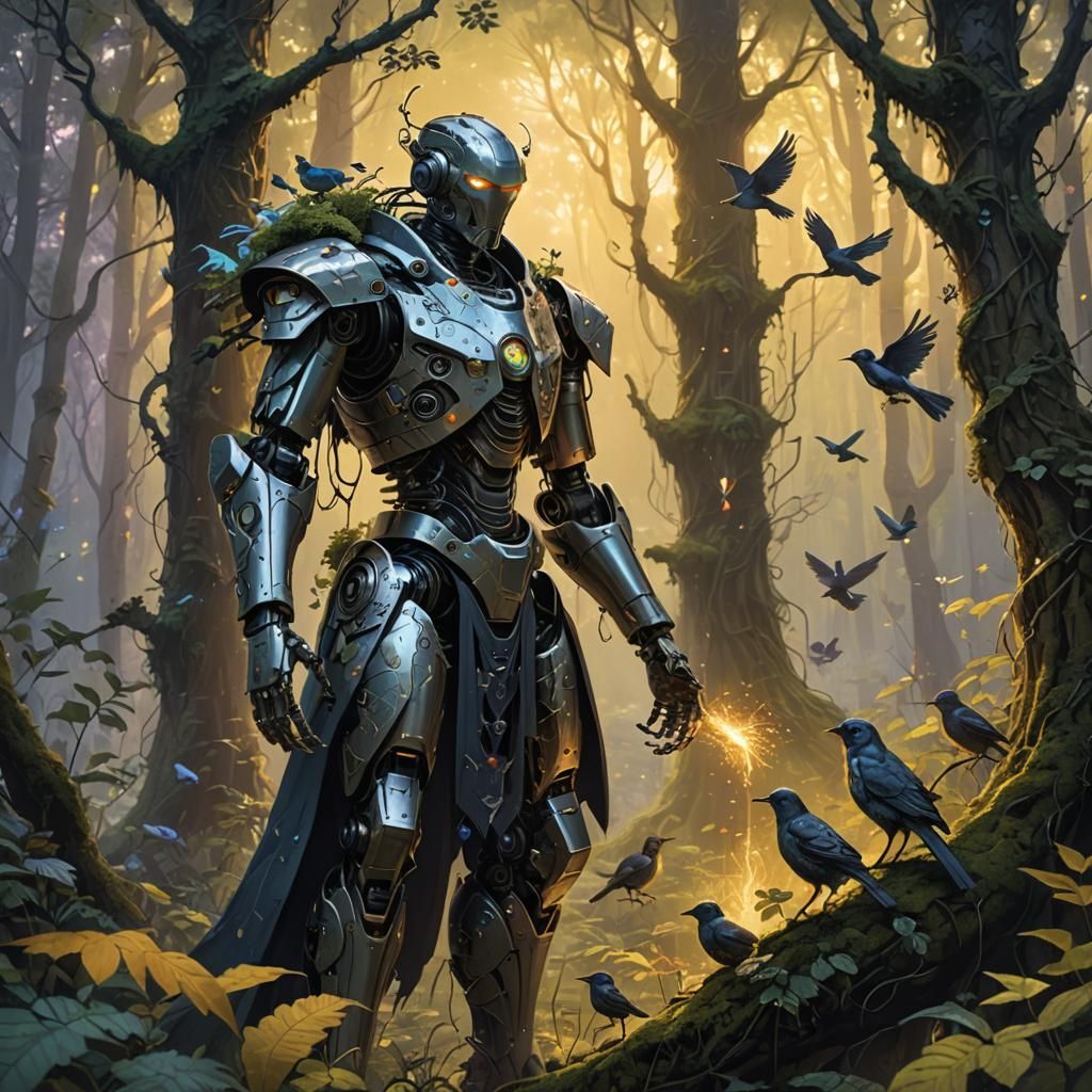 Robot Druid Casting Spell in Dark Fantasy Forest