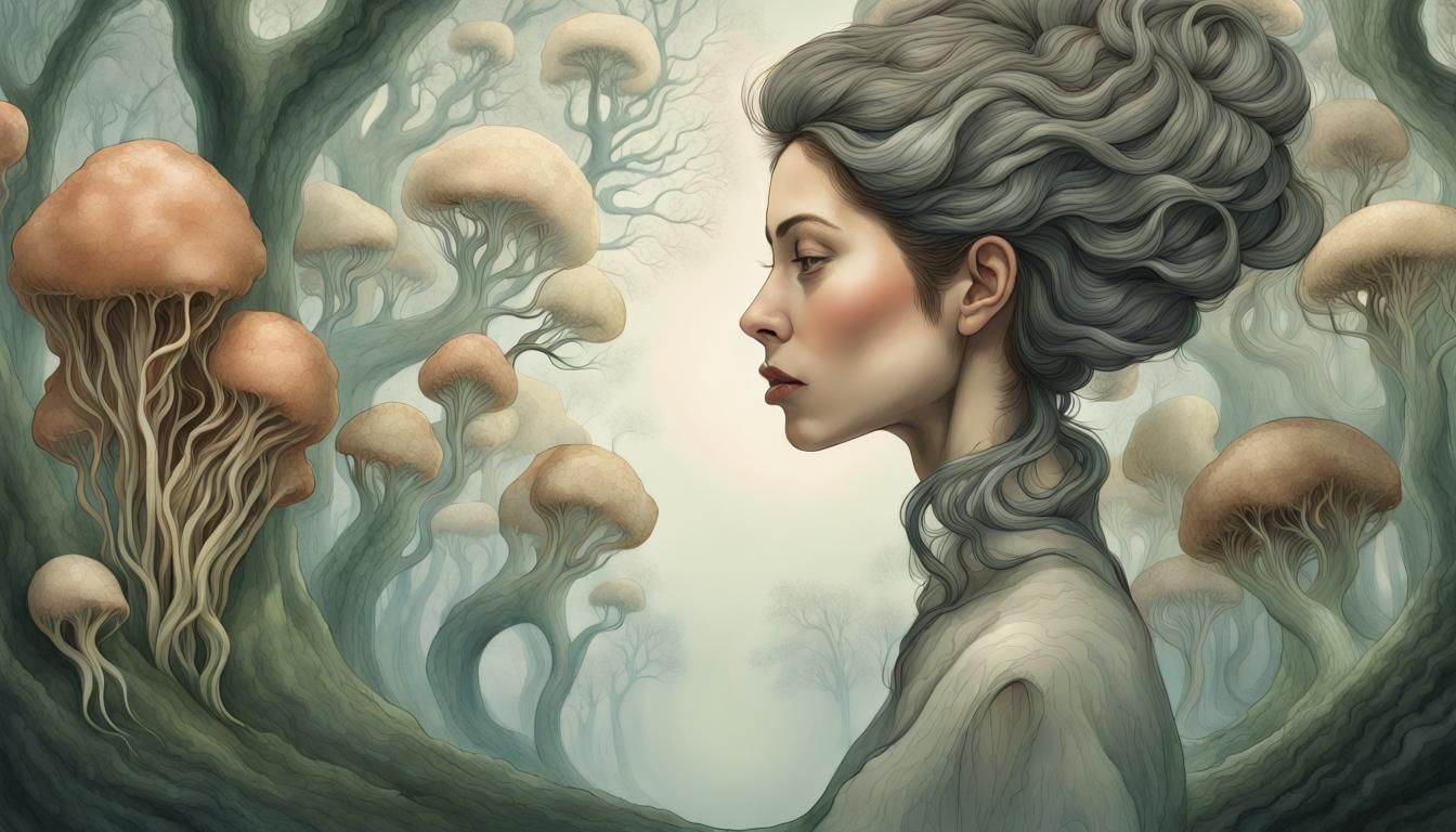 Dreamlike Reflection in Mycelium Network, Watercolor Style