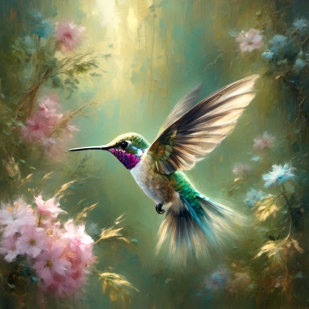 Hummingbird Flying to Flower: Photorealistic Wildlife Painti...