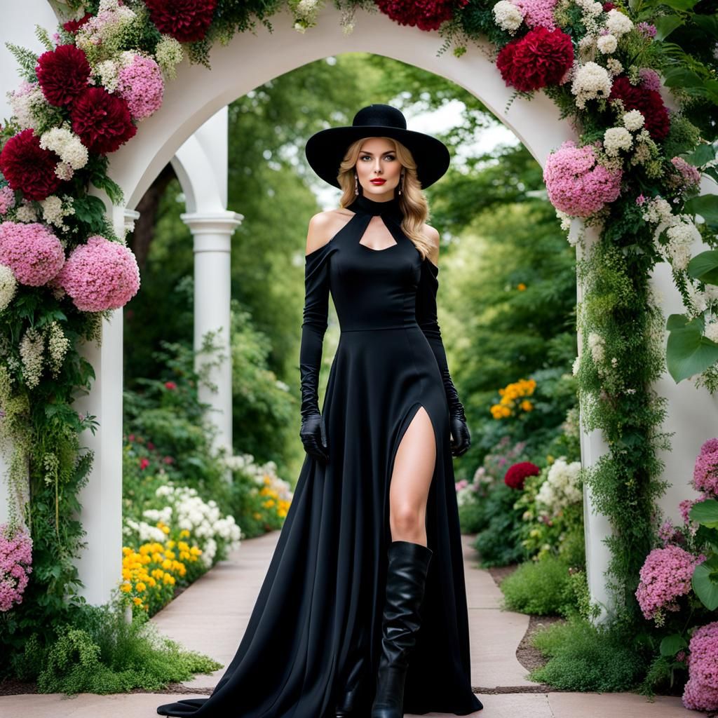 Woman in Black Dress Under Floral Archway