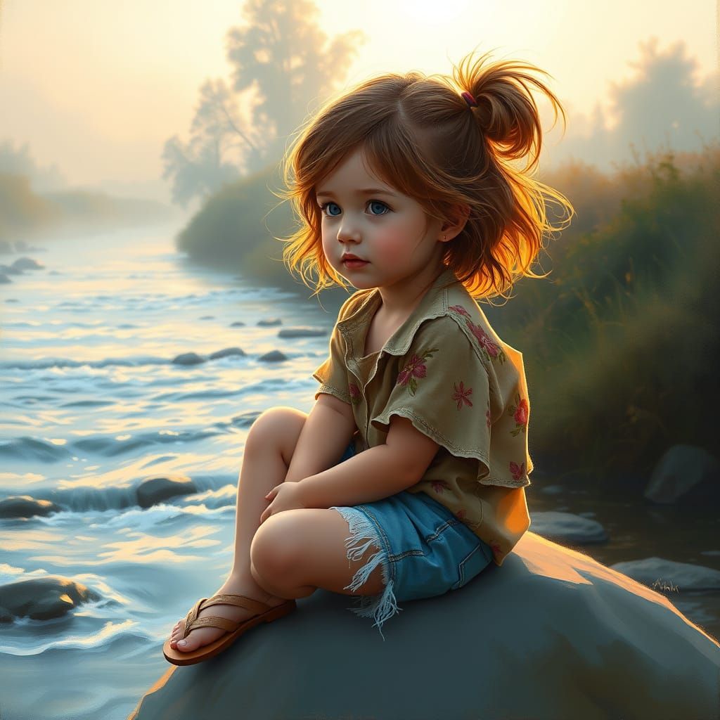 Child by River: Whimsical Airbrushed Illustration