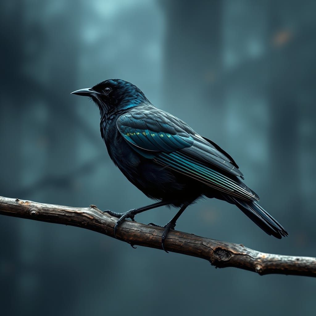 Glossy Blackbird Perched in Misty Forest