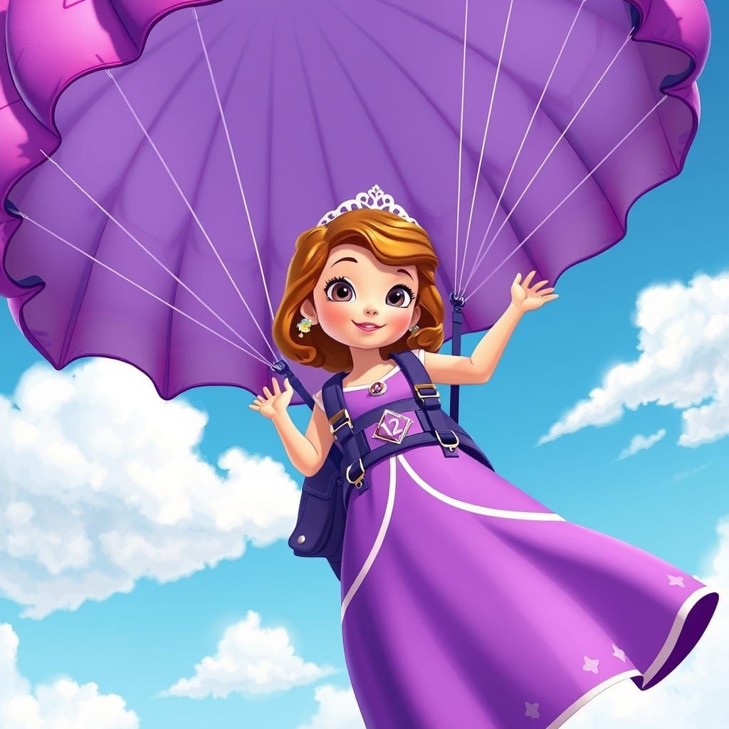 Princess Sofia Skydiving with Purple Parachute, Whimsical St...