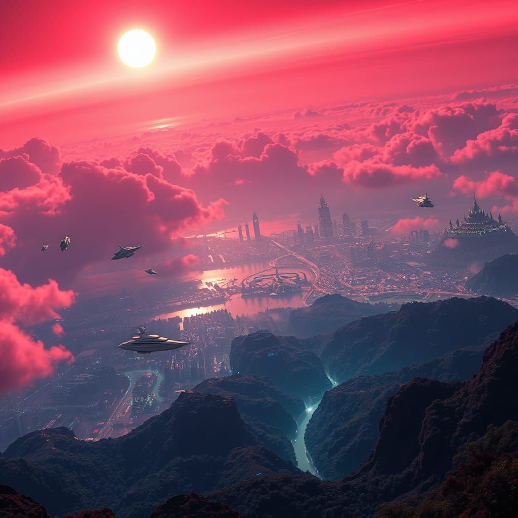 Cyberpunk Planet Zeltros in Vibrant Crimson and Magenta Hues