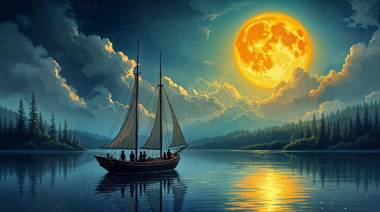 Golden Moon Voyage Reflection in Impressionistic Style
