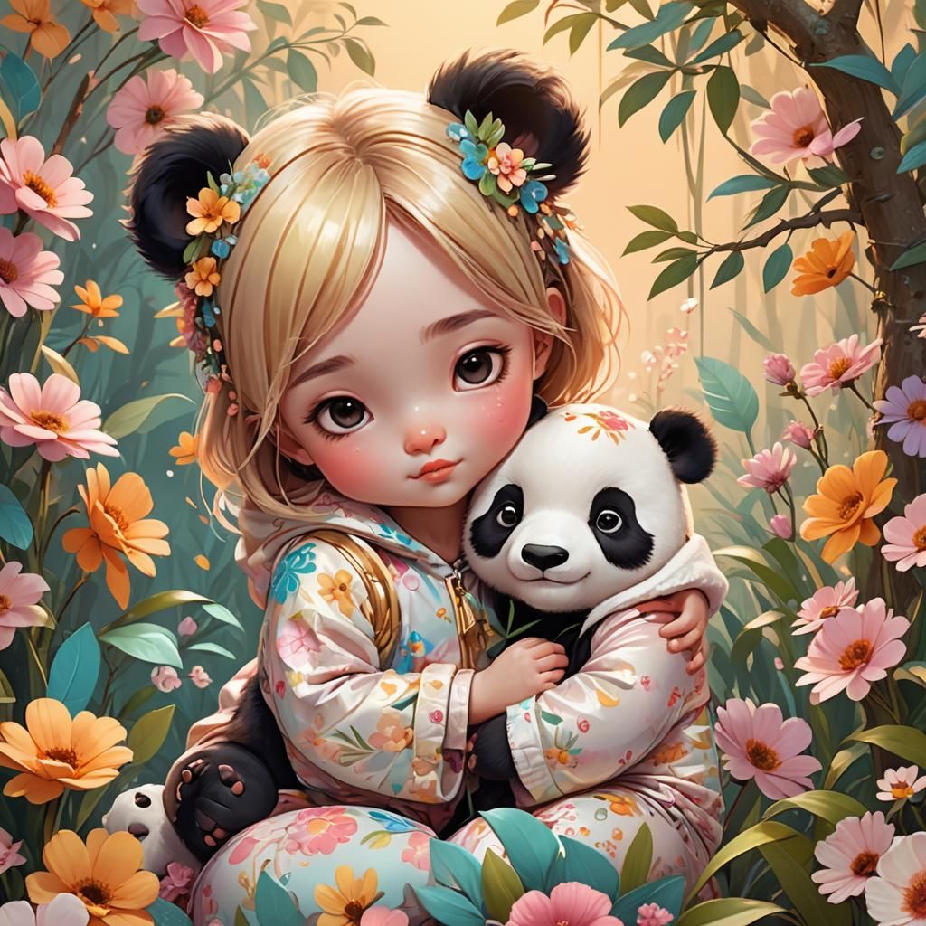 Charming Baby Girl with Panda: Fantasy Illustration