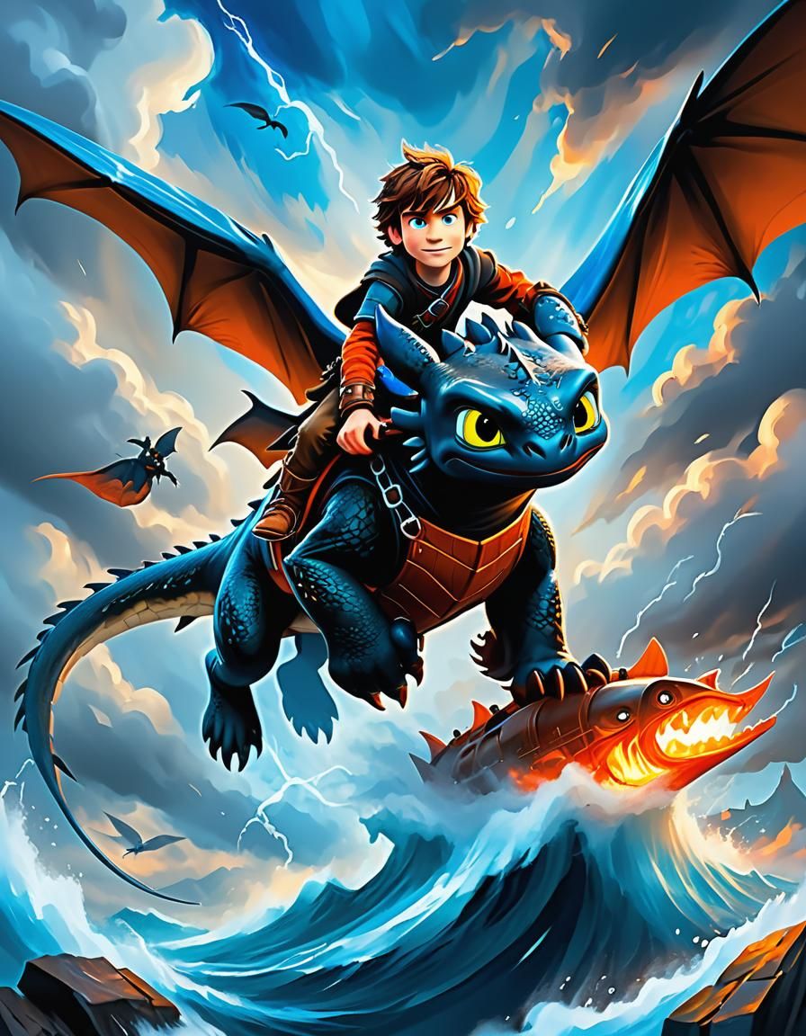Hiccup and Toothless Soaring Through Stormy Skies