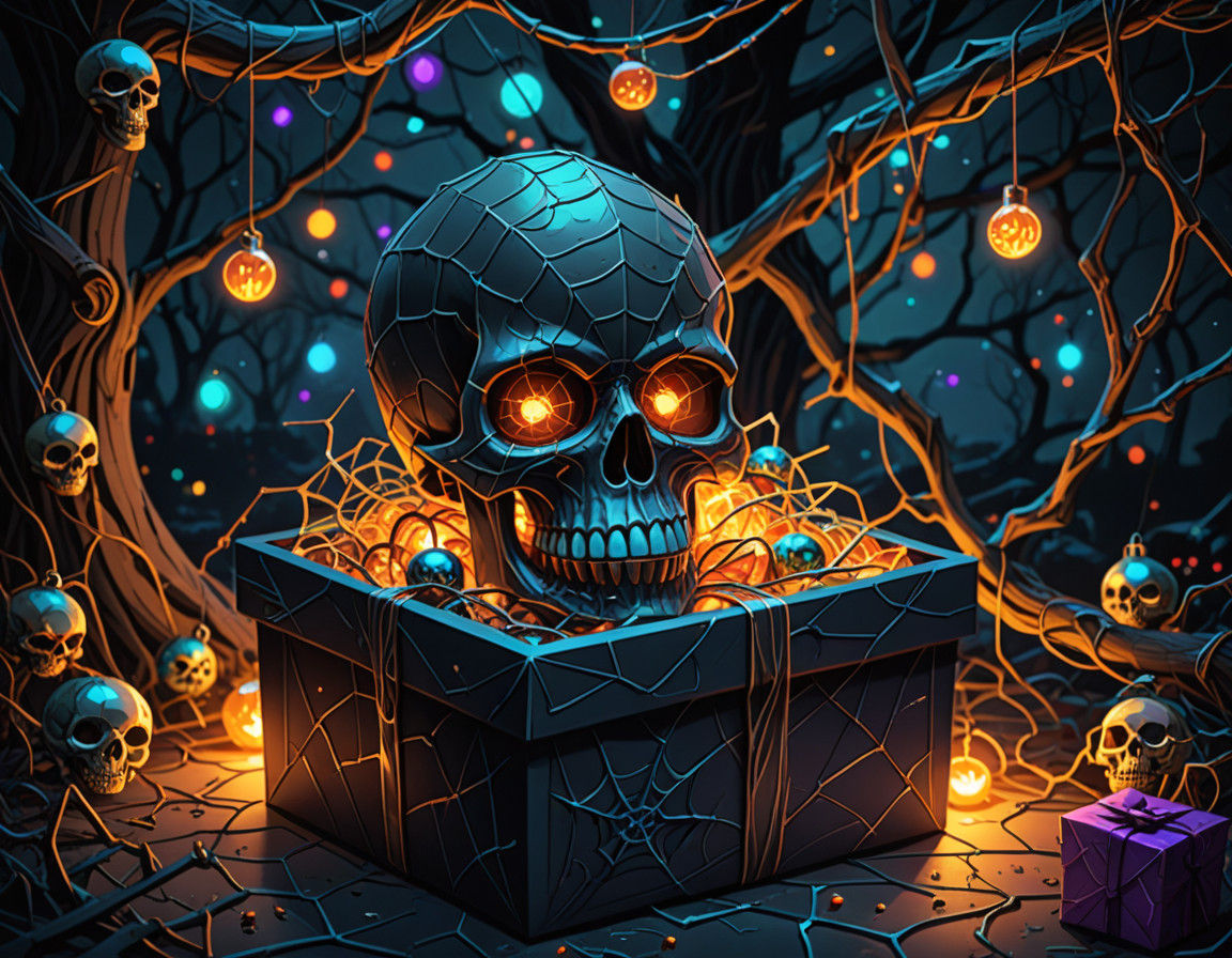Dark Fantasy Gift Box Under a Haunted Christmas Tree
