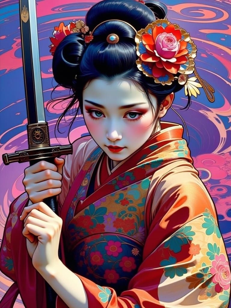 Art Nouveau Samurai Warrior Goddess in Vibrant, Dreamlike Pr...