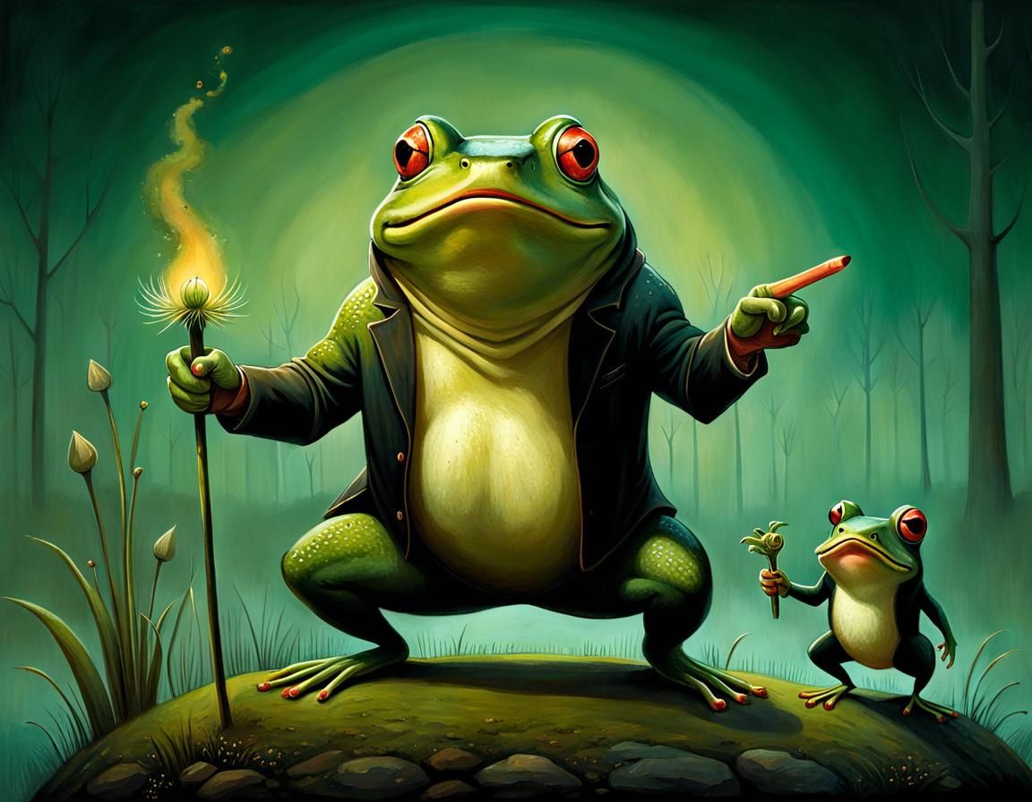 Anthropomorphic Frog Insults Pig in Surrealist Style
