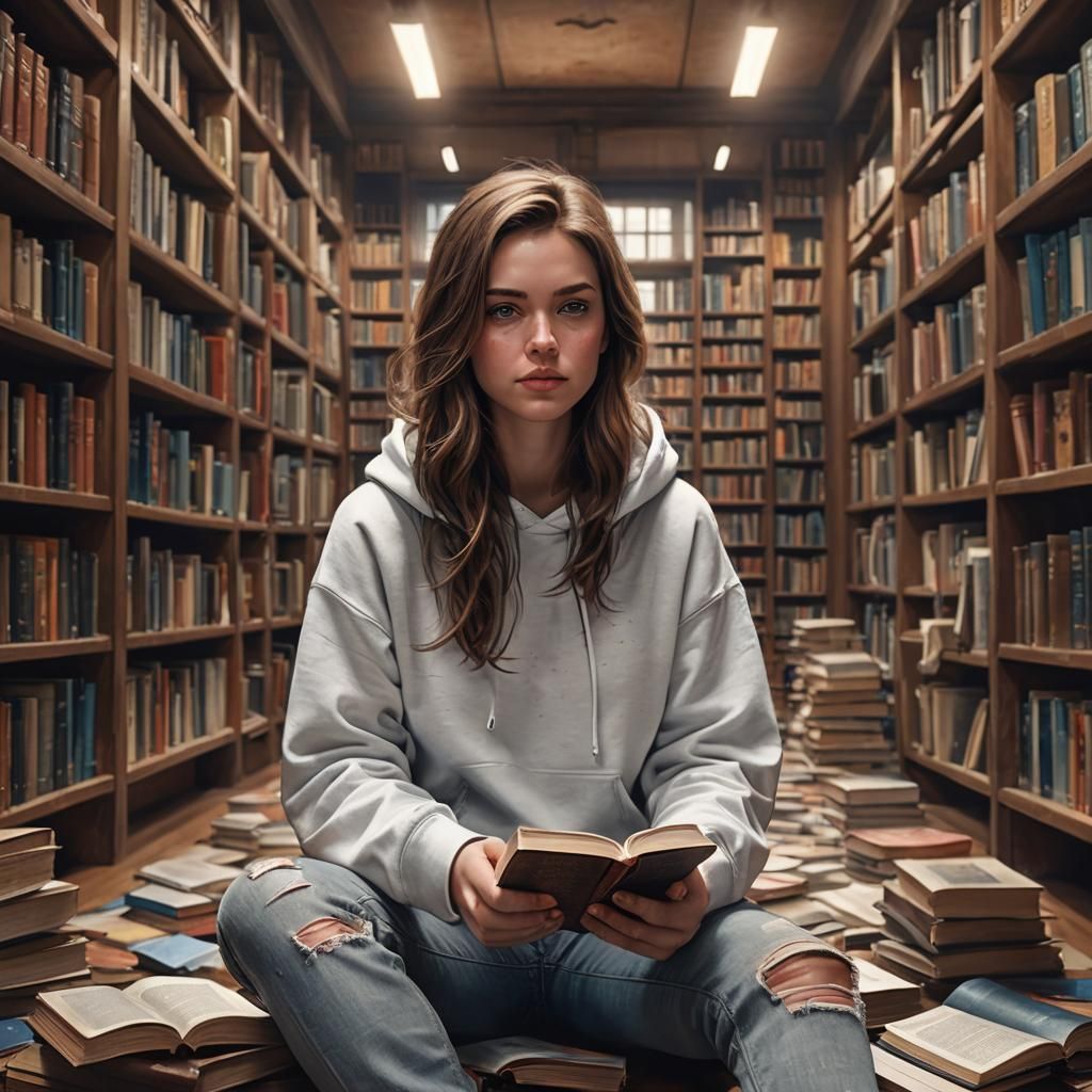 Girl Reading in Library: Digital Matte Painting