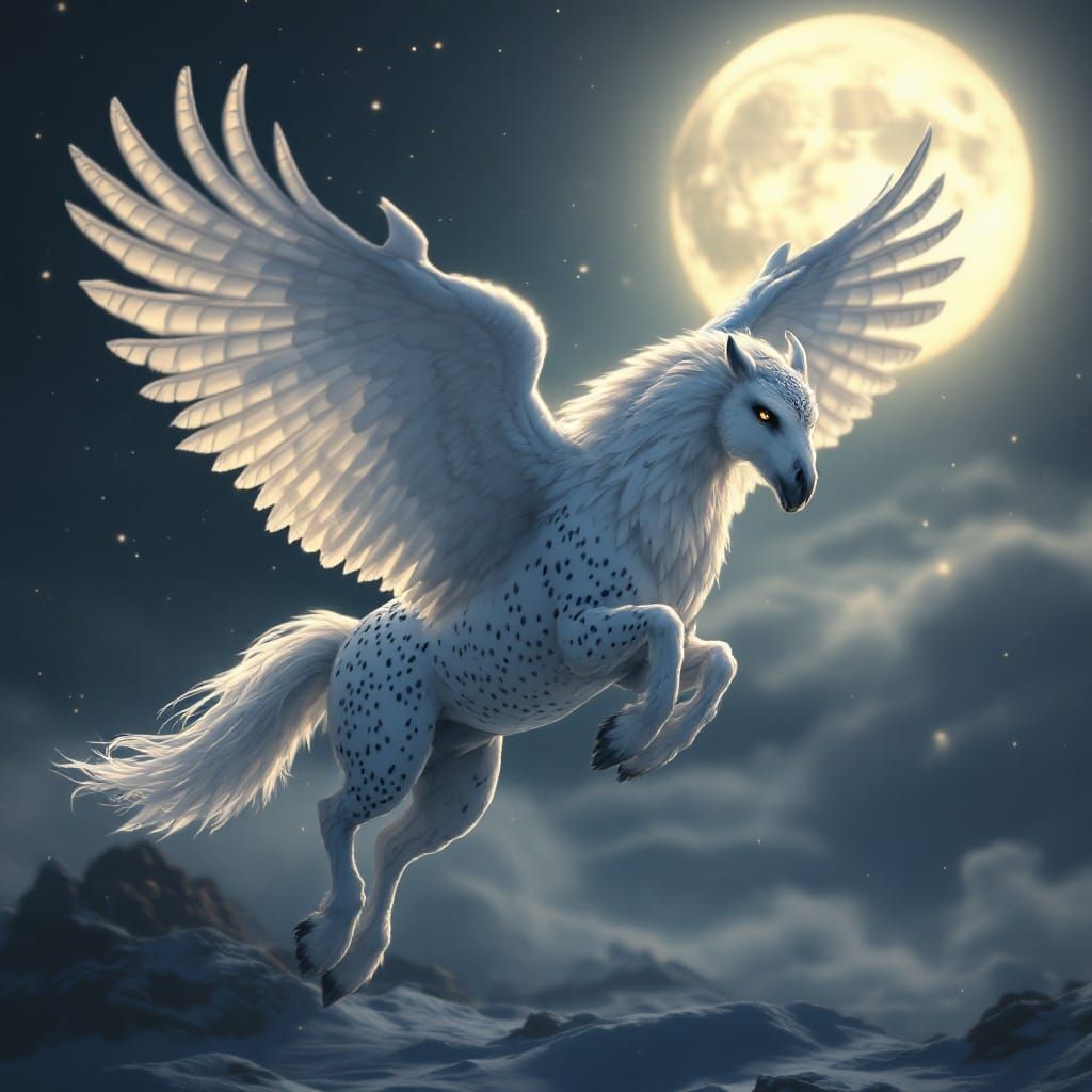 Regal, Snowy Owl Hippogriff Soars Under Moonlit Skies