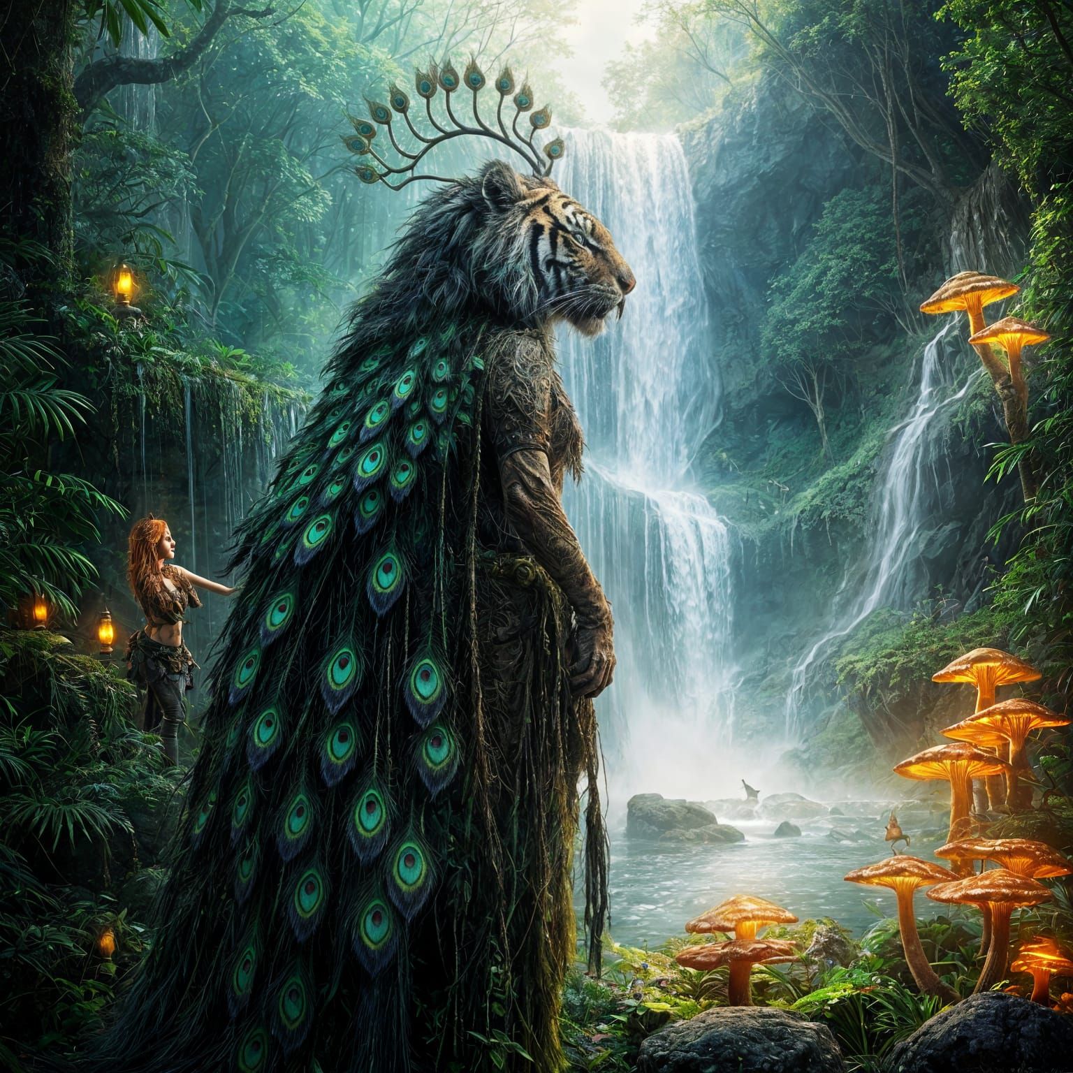 Ethereal Druid Goddess Before Vibrant Mushrooms