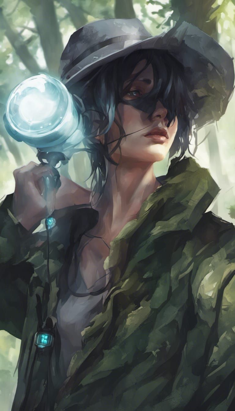 Futuristic Figure in Forest with Dark Hat