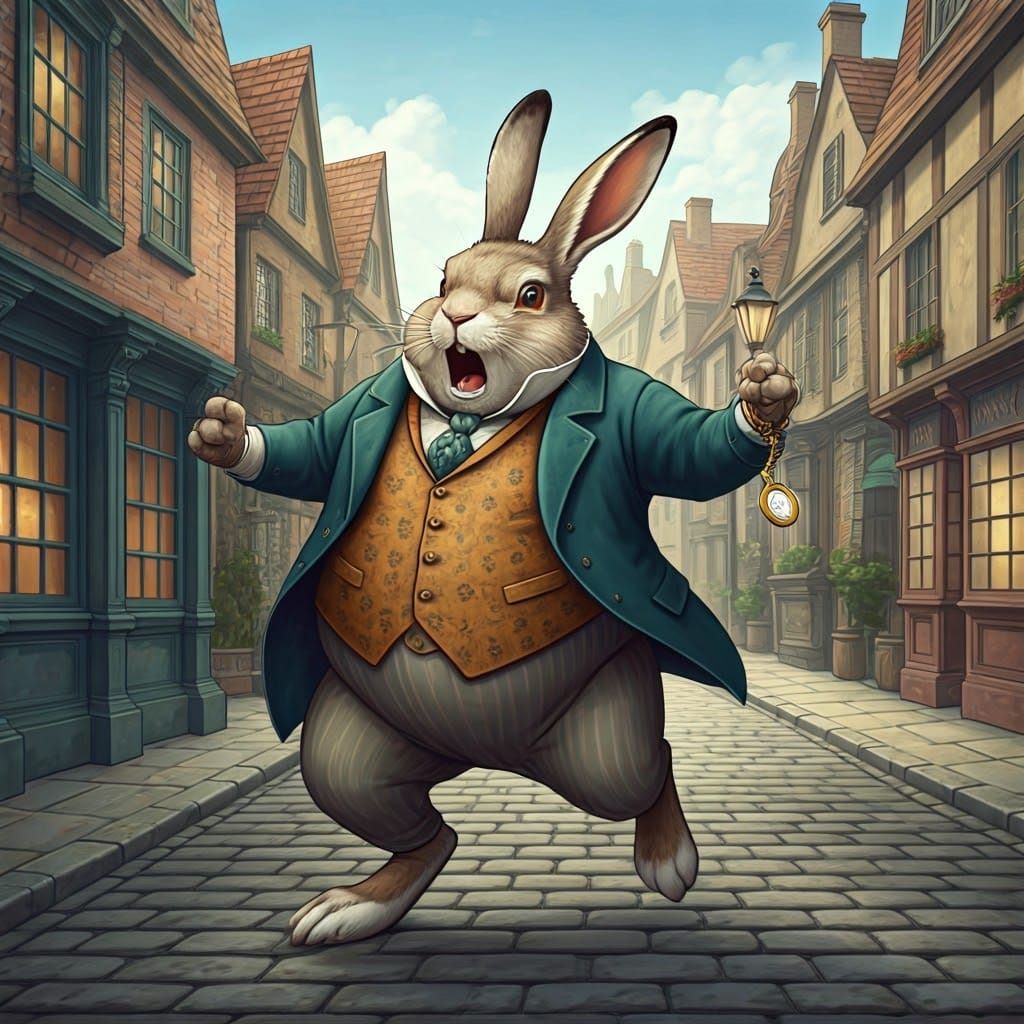 Rabbit Gentleman Yelling in 19th Century Town, Whimsical Art