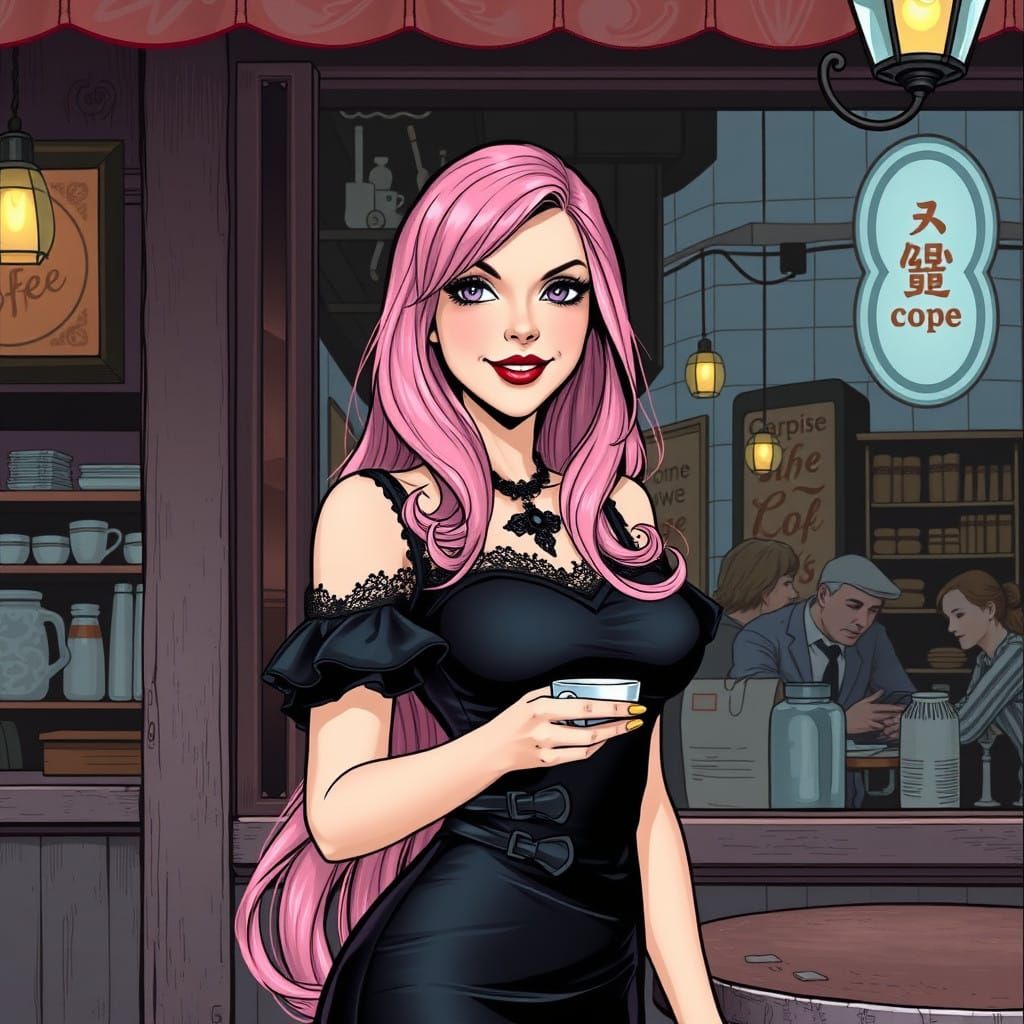 Gothic Beauty Sips Coffee in a Chic Comic Book Art Style